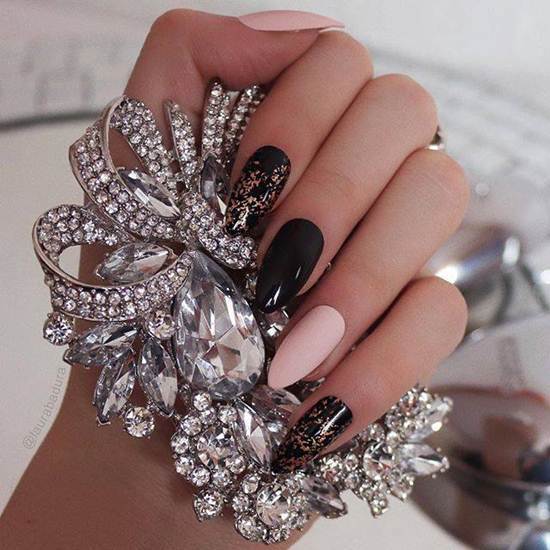 Black and Rose Gold Nails with Rhinestones