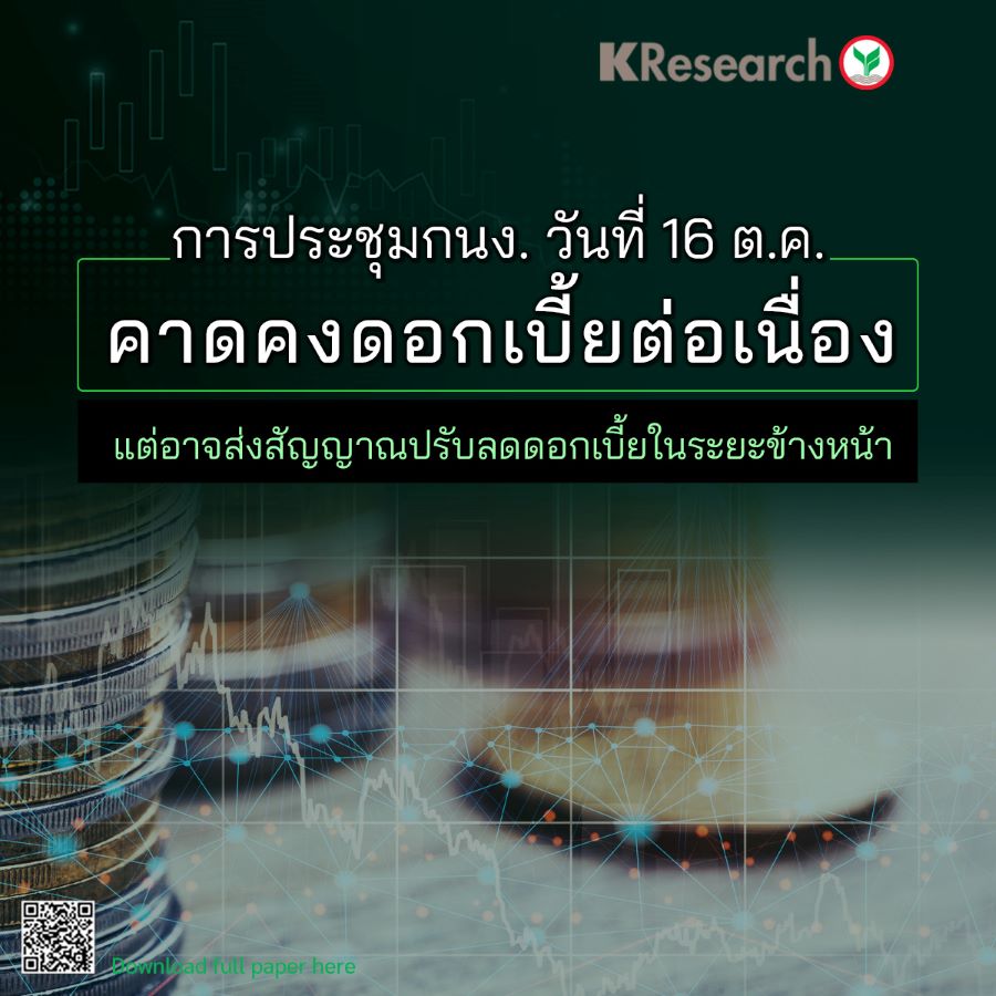 วิจัยกสิกรฯ คาดมติ กนง 16 ต ค คงดอกเบี้ยต่อเนื่อง คาดเริ่มปรับลง ธ ค 67